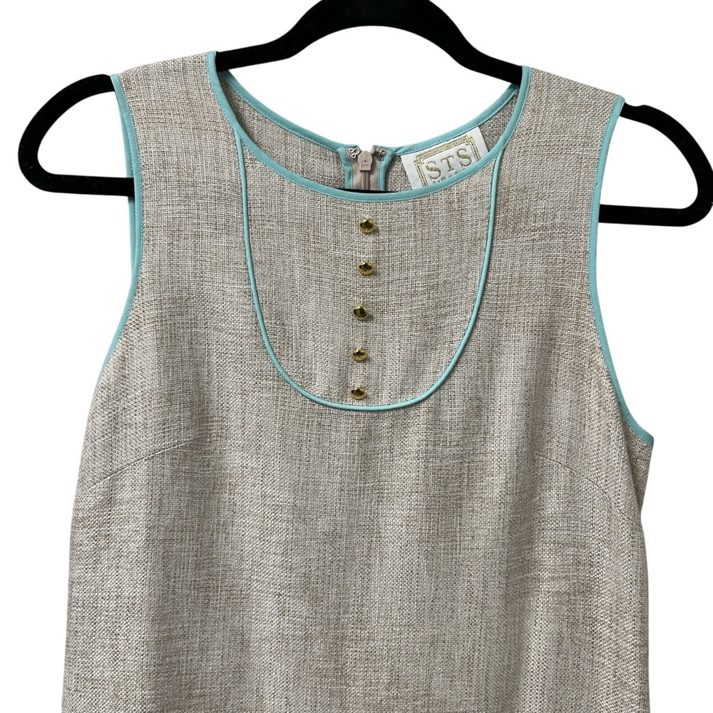 SAIL AND SABLE Sea To Sand Shift Dress Beige w/ Turquoise Trim Gold Shimmer Sz S - Picture 2 of 7